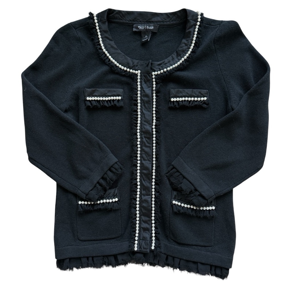 White House Black Market Women's Black Knit Cardigan Sweater S Pearl Detail